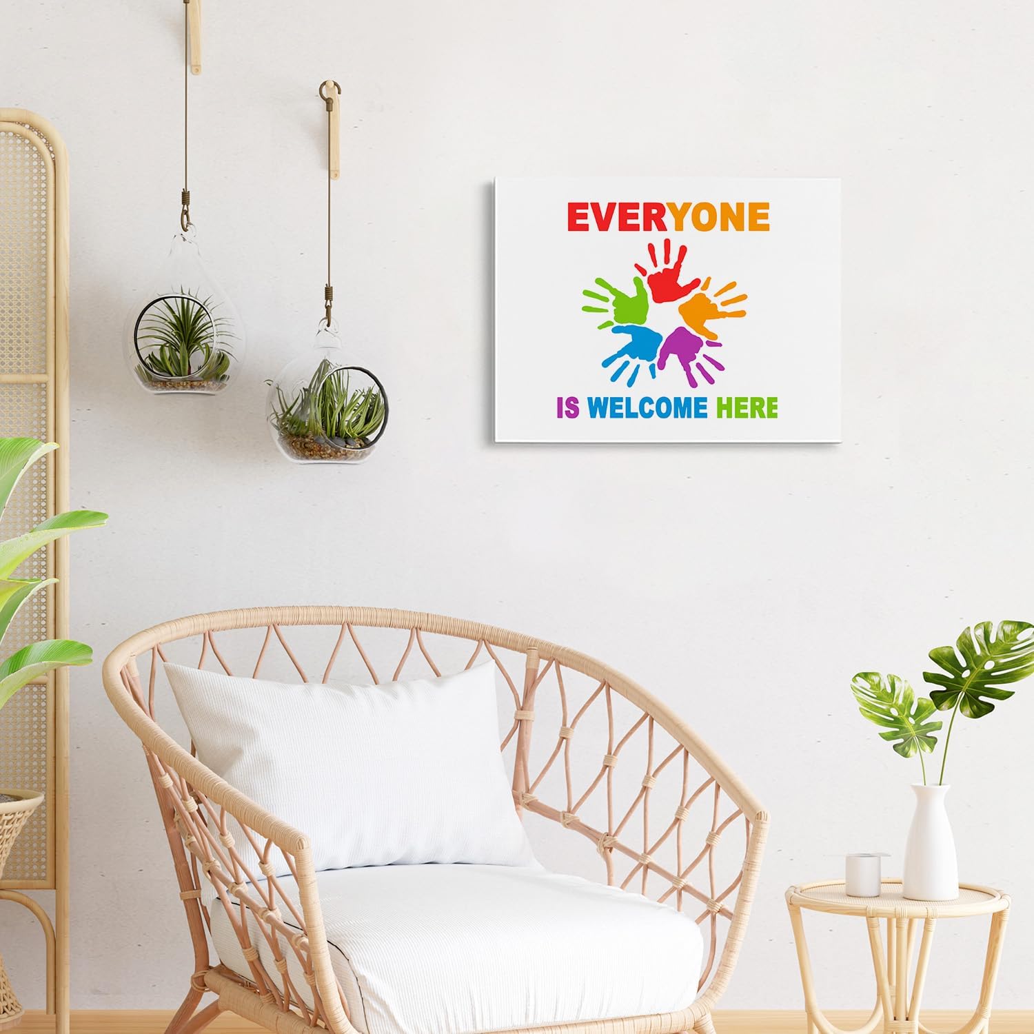 VNWEK Lienzo decorativo para pared, diseño de diversidad inspiradora con texto en inglés Everyone is Welcome Here para el aula, preescolar,