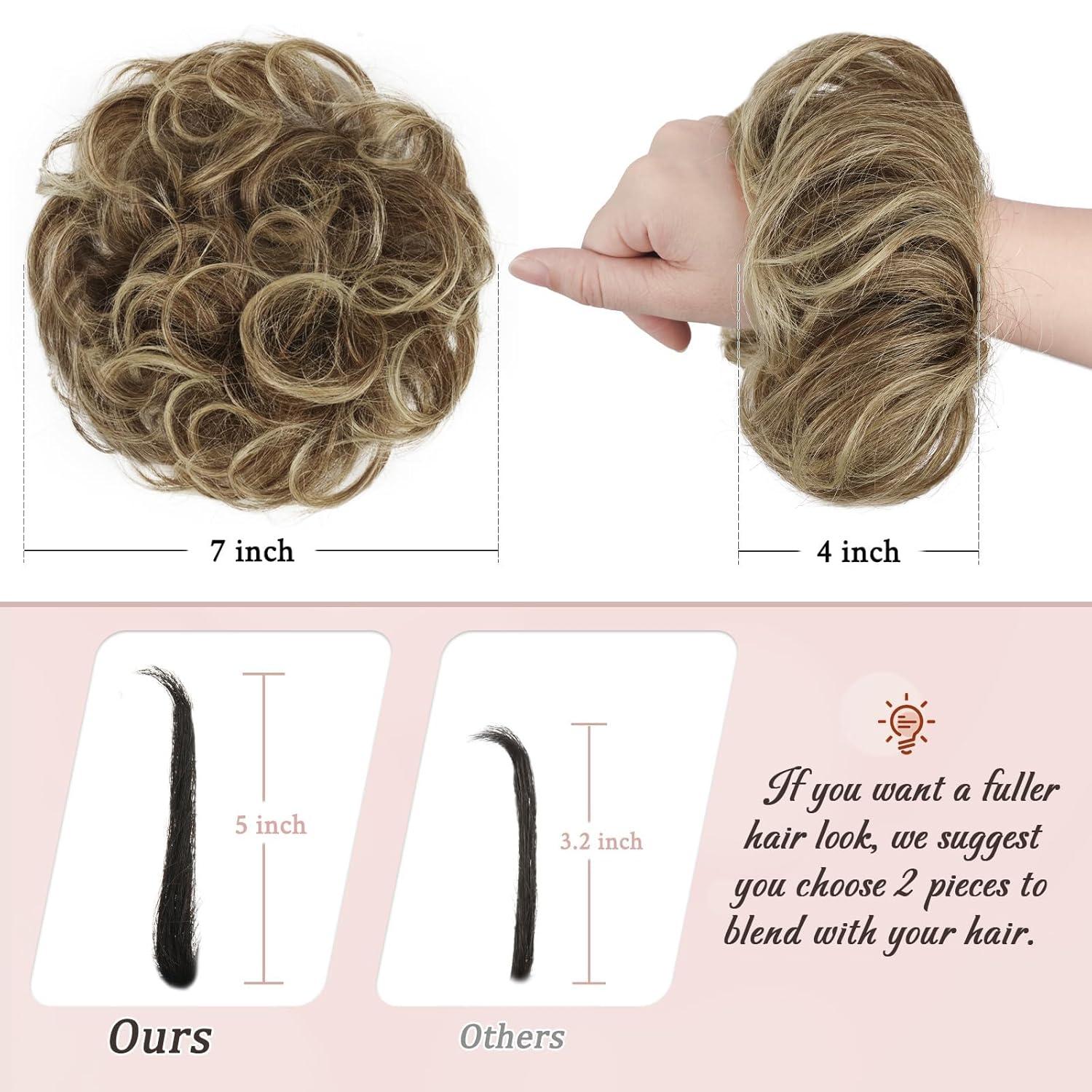 RUWISS Moño desordenado, pieza de cabello humano con moños de rosa desordenado, pieza de cabello para mujer, pieza de cabello real con coleteros