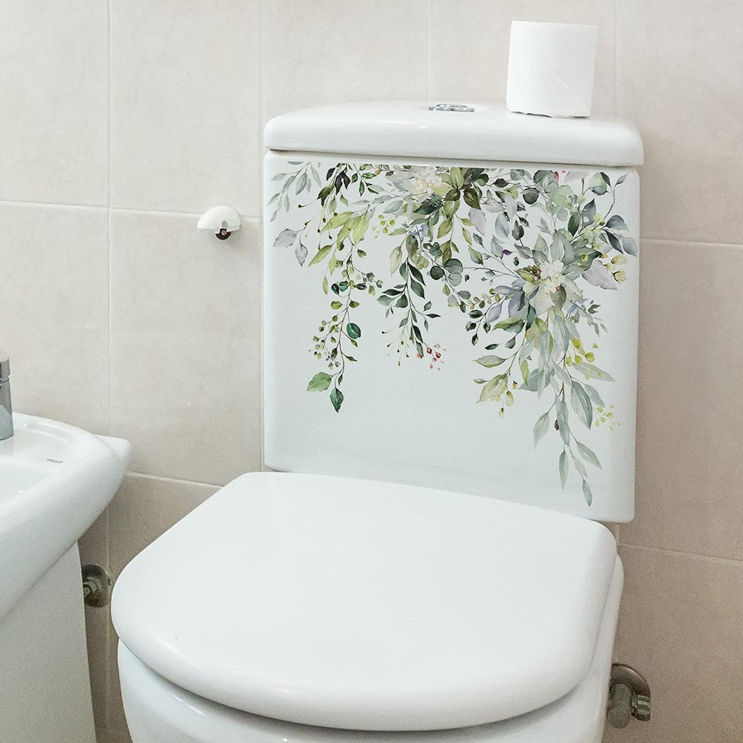 Calcomanías autoadhesivas para tapa de asiento de inodoro, hojas verdes, hojas verdes, flores, hojas, flores, para tapa de inodoro, bricolaje,