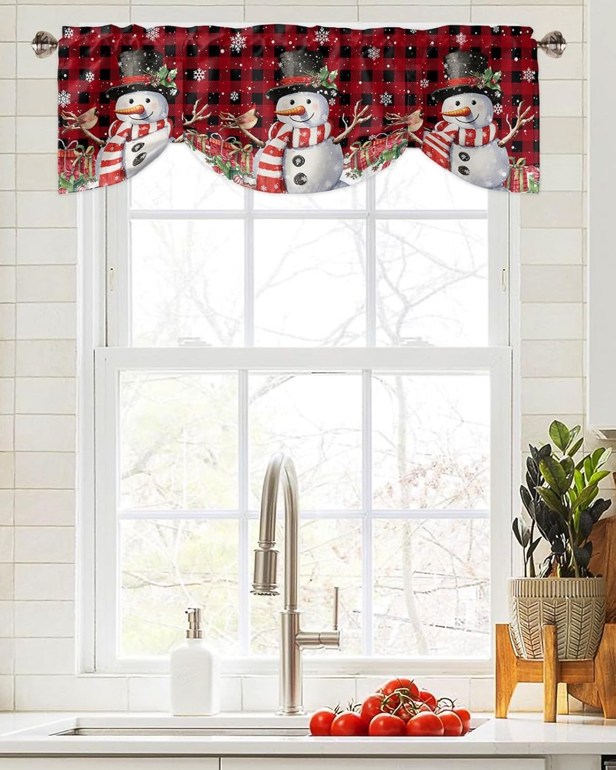 Cenefas de Navidad con diseño de muñeco de nieve para ventanas, muñeco de nieve de Navidad, cardenal, rojo, negro, búfalo, a cuadros, bolsillo para