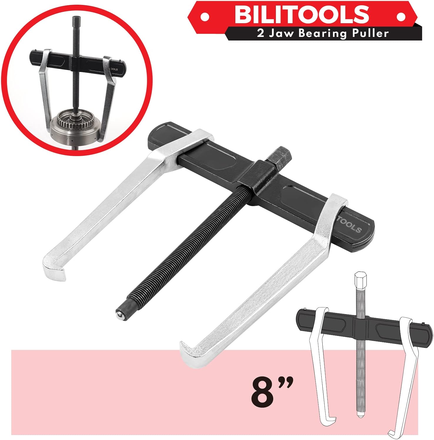 BILITOOLS Extractor de engranajes de 2 mordazas de 8 pulgadas, externo interno para la extracción de poleas volantes rodamientos y engranajes