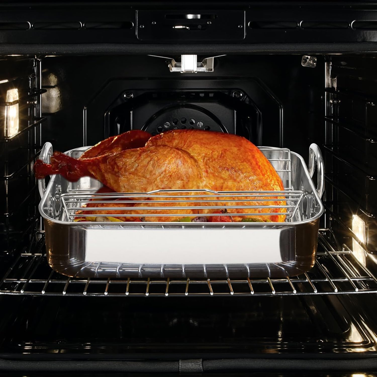 TOPZEA Sartén para asar de acero inoxidable con estante, sartén rectangular clásica de 16 pulgadas con parrilla y mango 2 en 1, sartén grande para