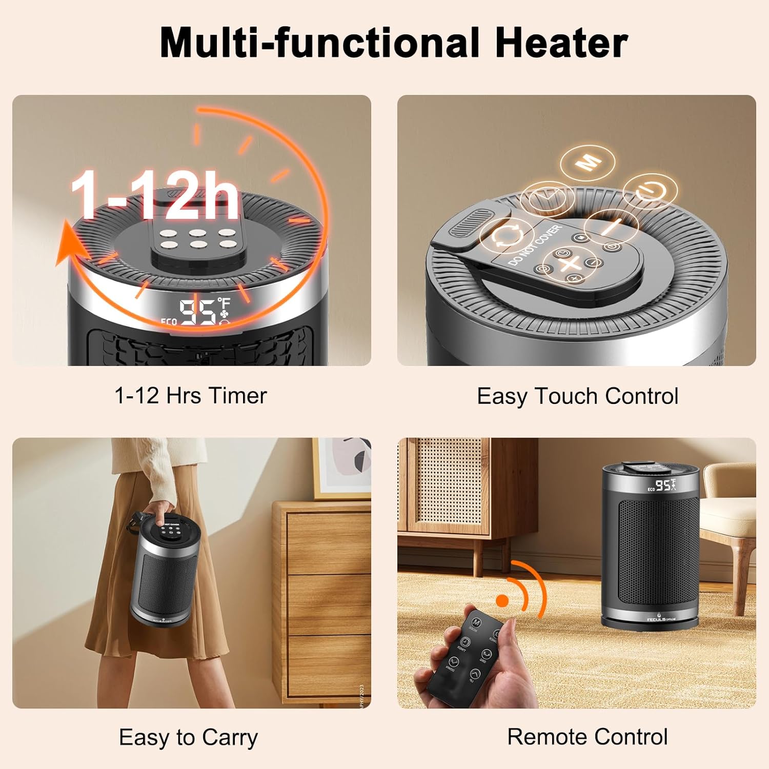 Calentador de espacio para uso en interiores, calentador portátil de cerámica PTC de 1500 W con termostato y control remoto, temporizador de 12