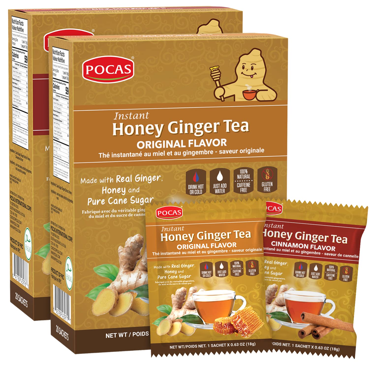 Pocas Honey Ginger Tea – Paquete variado de té instantáneo en polvo, té de cristales de miel de jengibre, sabores originales y canela, té sin OMG,