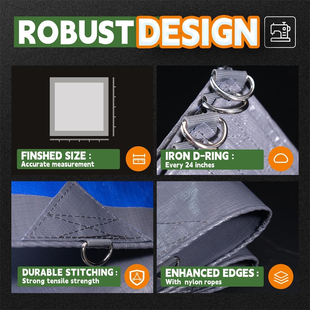 RAINDEWAY Tarps – Lona resistente al agua de 4 x 5 pies -14 mils súper resistente con anillos de metal y esquinas y bordes reforzados, resistente a