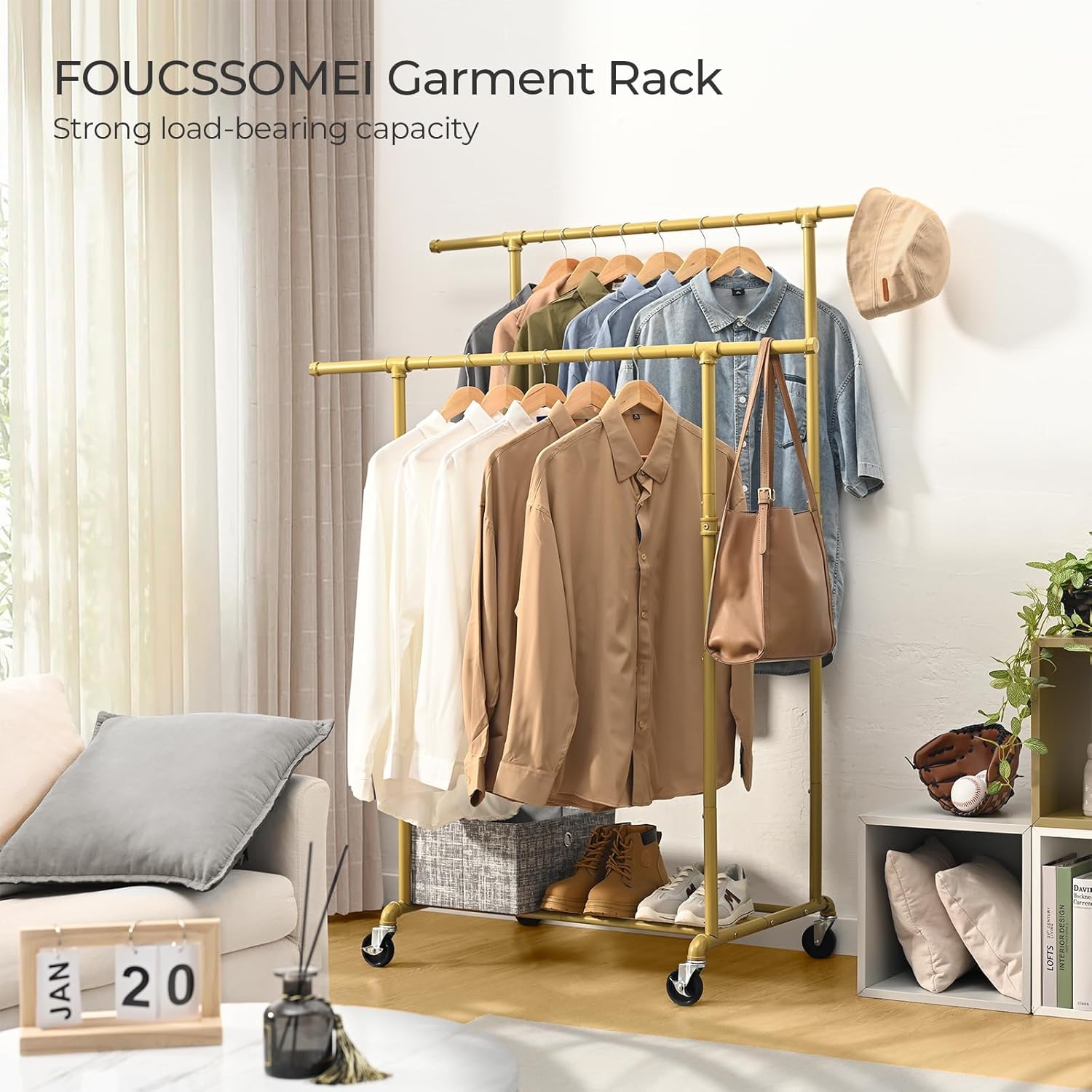 Perchero de ropa resistente, perchero con ruedas, organizador de ropa con ruedas, doble varilla, máximo 400 libras, para venta de armario,