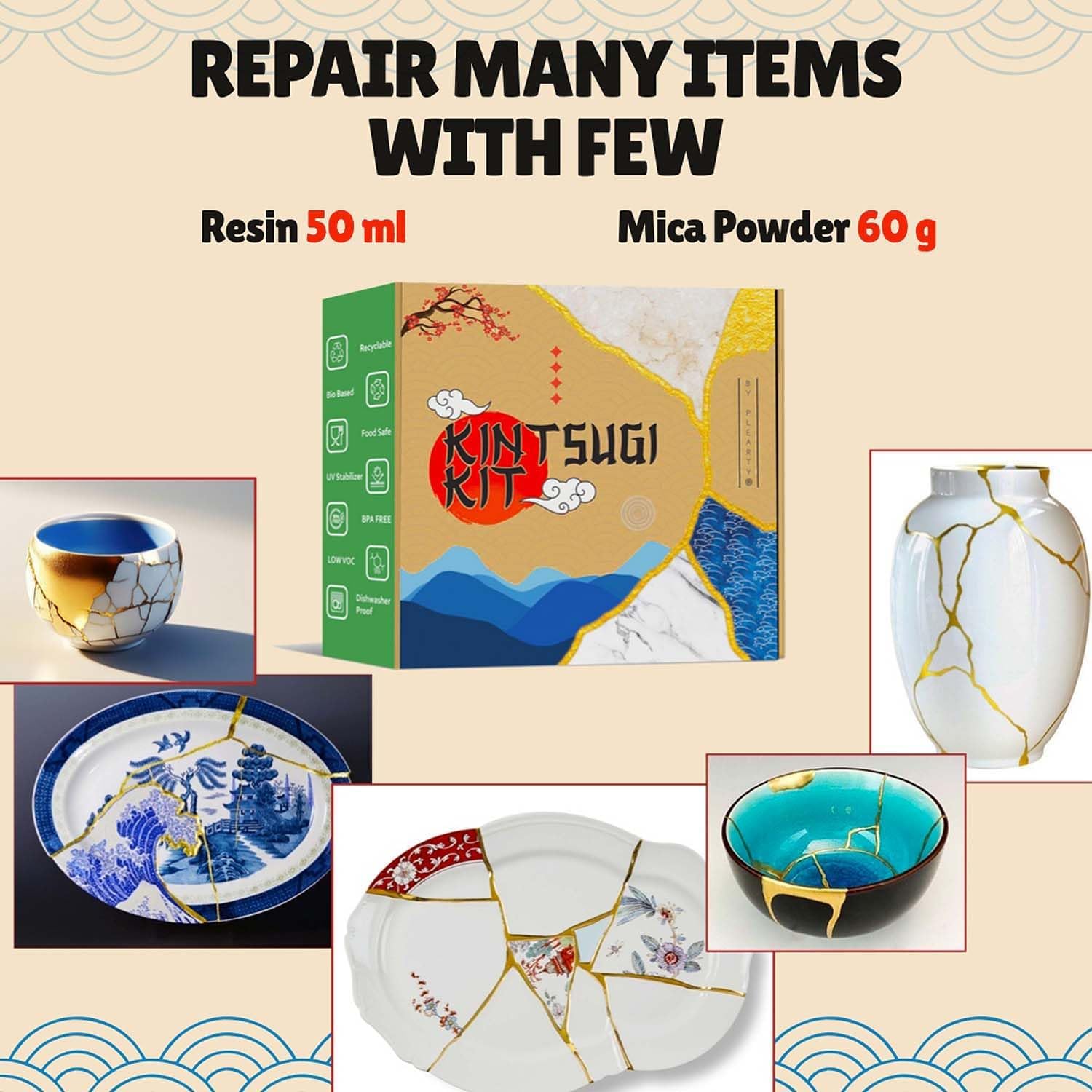 Plearty Kintsugi – Kit de reparación de oro seguro para alimentos, 1.7 fl oz, resina epoxi de 2.12 oz, polvo de mica dorado metálico, 15 páginas