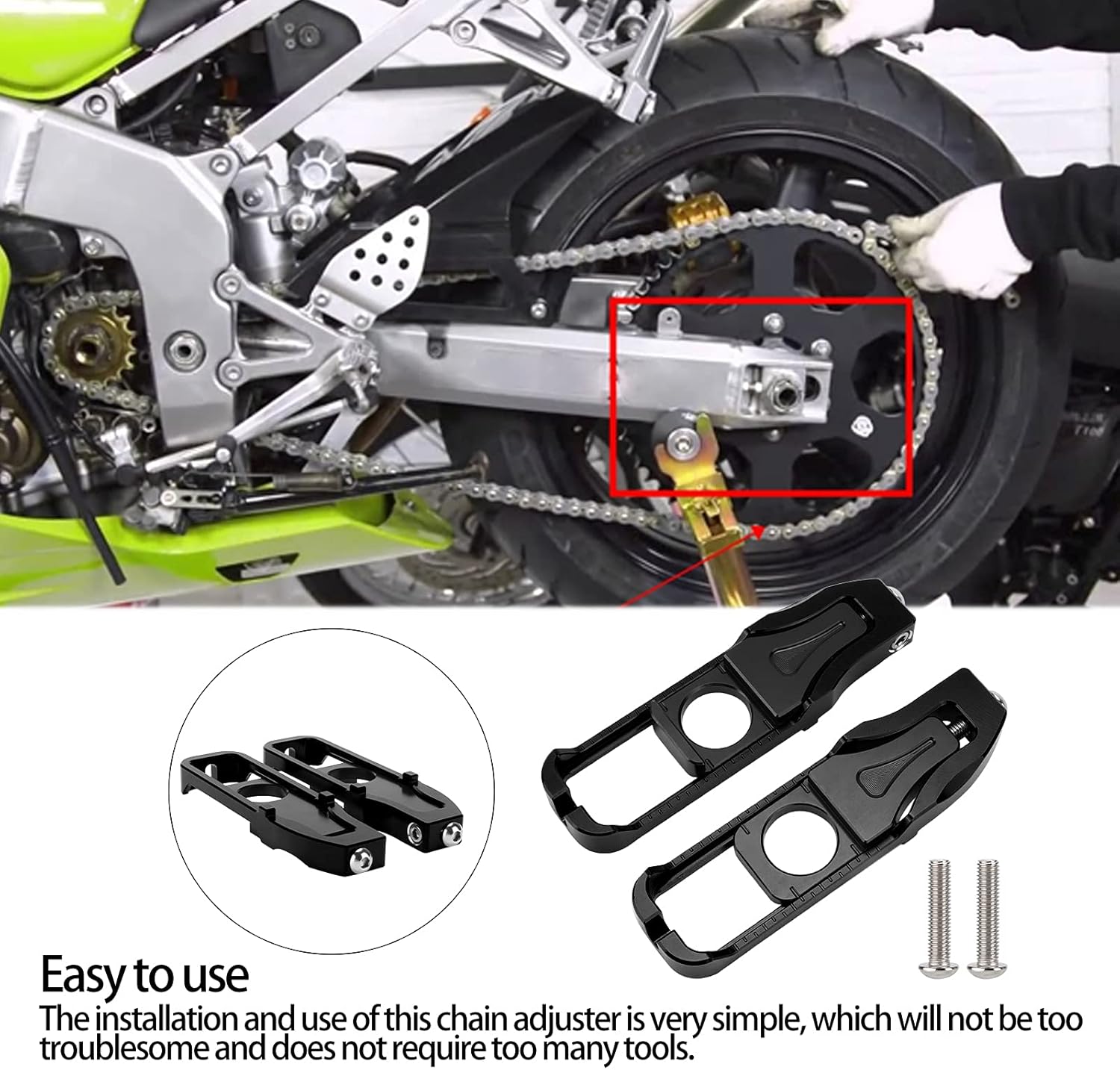Ajustadores de cadena de motocicleta, par de ajustadores de cadena izquierda derecha de motocicleta de repuesto para YZF R6 20172020 (negro)