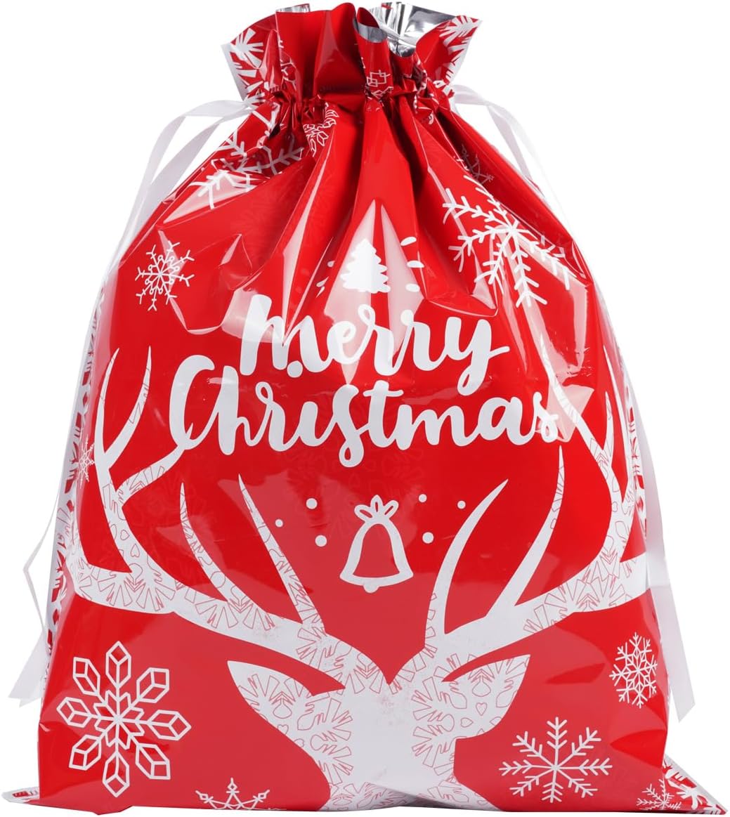 Lyforpyton 24 bolsas de regalo de Navidad con cordón, bolsas de papel de aluminio para regalos de Navidad, recuerdos de fiesta (4 tamaños, 8 diseños)
