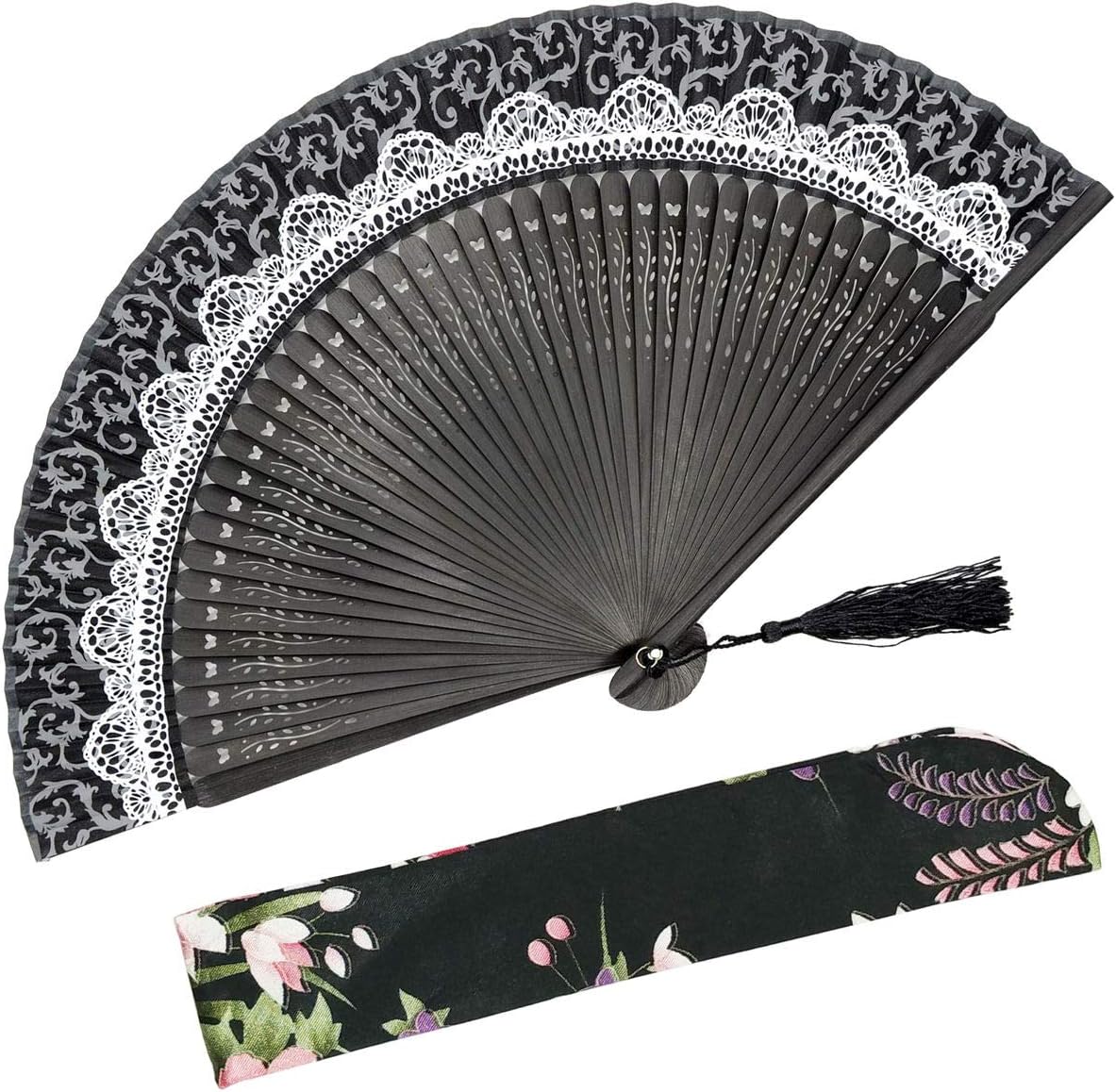OMyTea Abanico plegable de bambú para mujer, ventilador de mano con patrón de encaje chino, japonés, español, para boda, decoración, actuación,