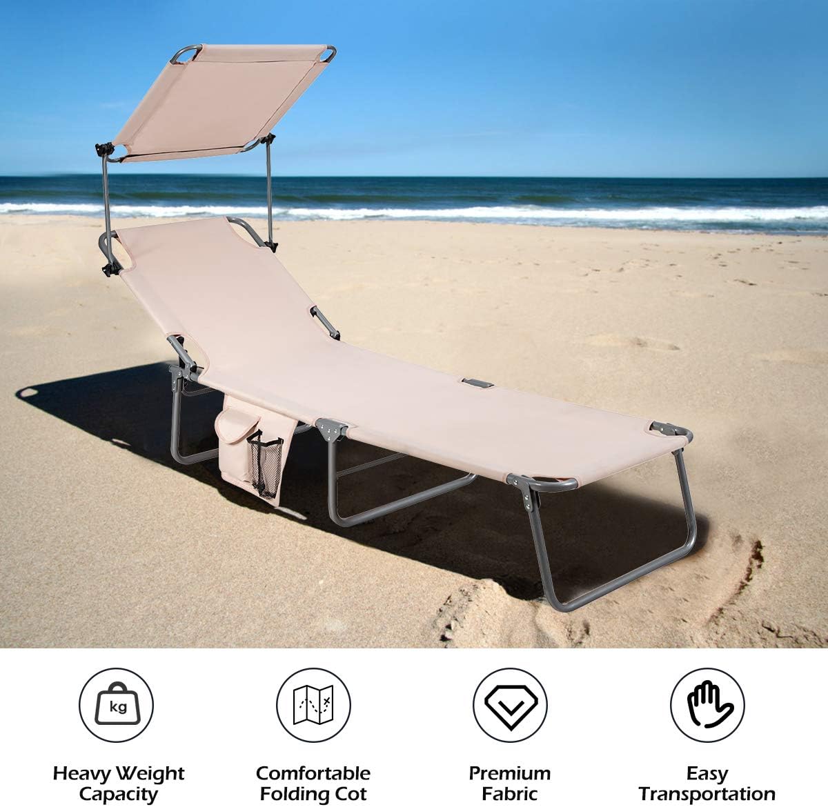 Giantex Silla bronceadora, tumbona de patio con 5 posiciones ajustables, toldo de sombra, bolsillo de almacenamiento, cuna de campamento, sillón
