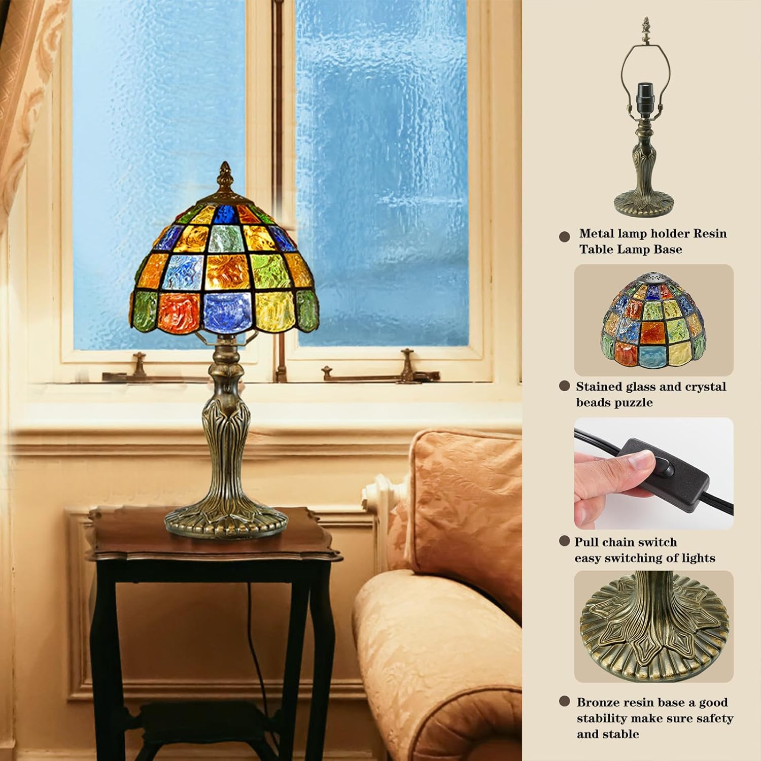 Pequeña lámpara Tiffany de mesa de vidrieras, estilo cuadrado de cristal, pantalla de lámpara de 8 pulgadas de ancho, luz nocturna estilo Tiffany,