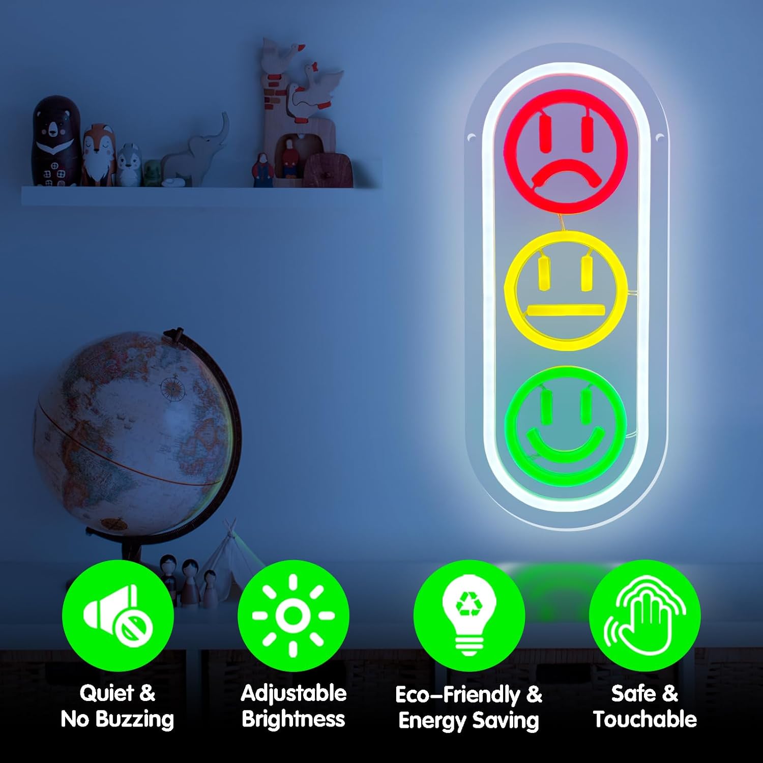 Letrero de neón con cara sonriente para decoración de pared, letrero LED de semáforo, letreros de luces de neón regulables para habitación de niños,