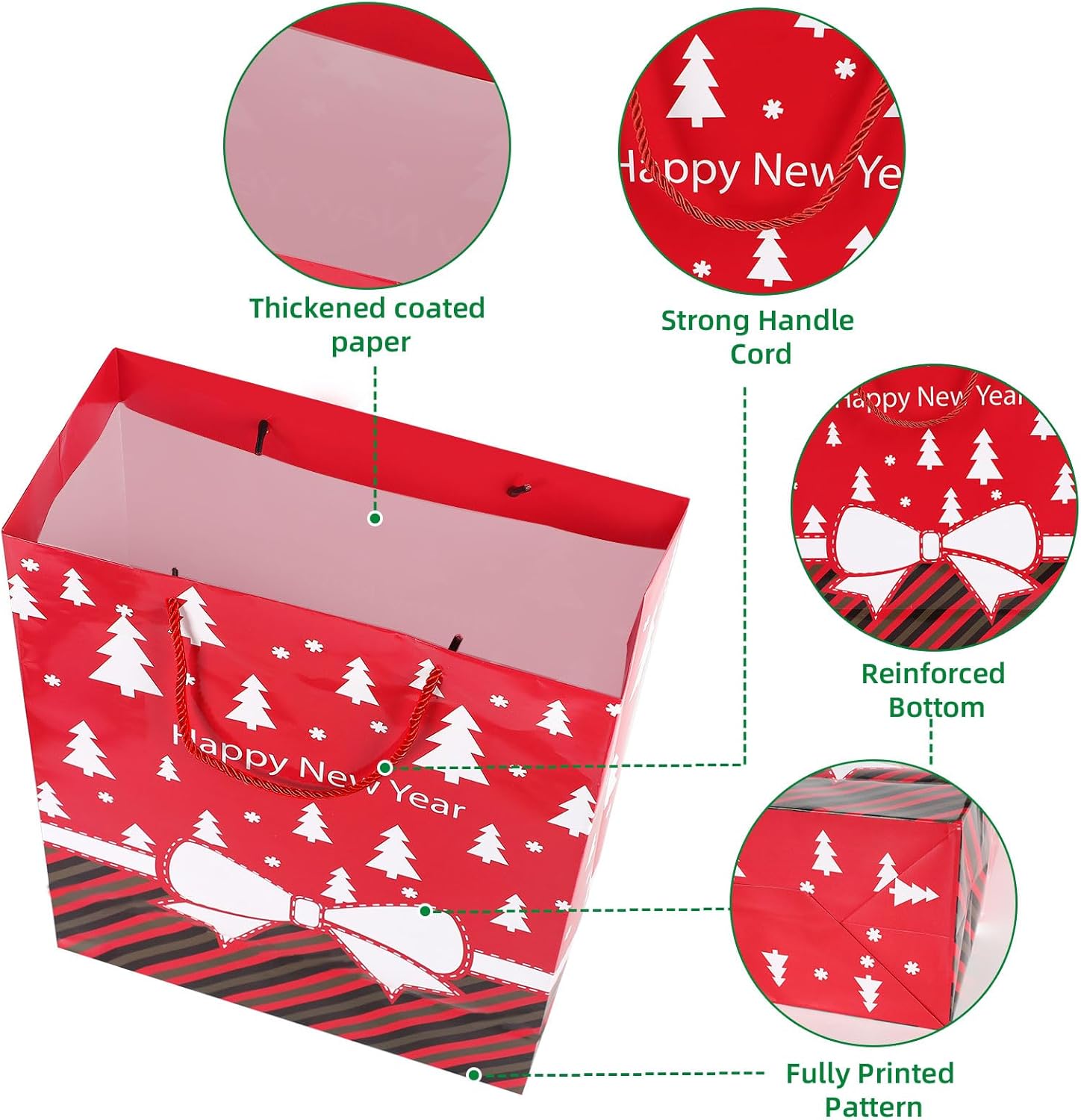 BEISHIDA 24 bolsas de regalo de Navidad de varios tamaños con asas y etiquetas, bolsas de Navidad a granel 6 extra grandes de 16 pulgadas, 6 grandes