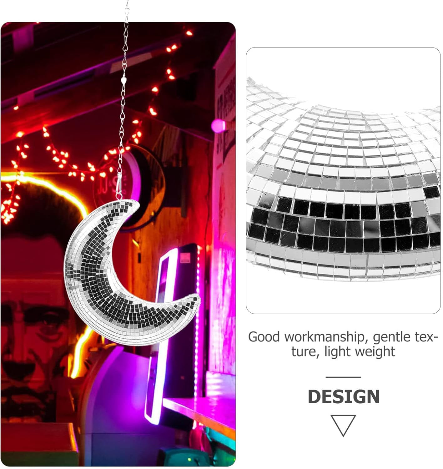VOSAREA Bola de discoteca en forma de luna, bola de discoteca, decoración colgante de luna reflectante, adorno colgante de pared retro para fiesta