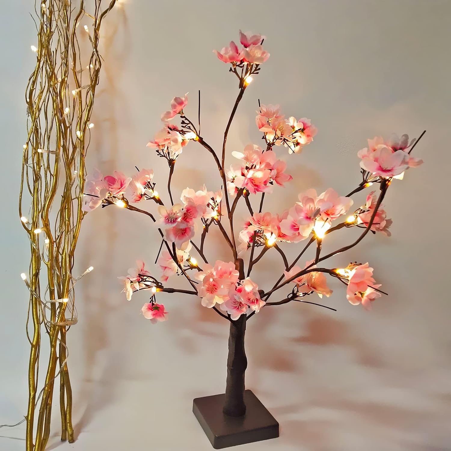 Mokylor Árbol de cerezo iluminado, 21.7 pulgadas, 24 luces LED artificiales de mesa de cerezo bonsái, funciona con pilas, decoración de árbol de