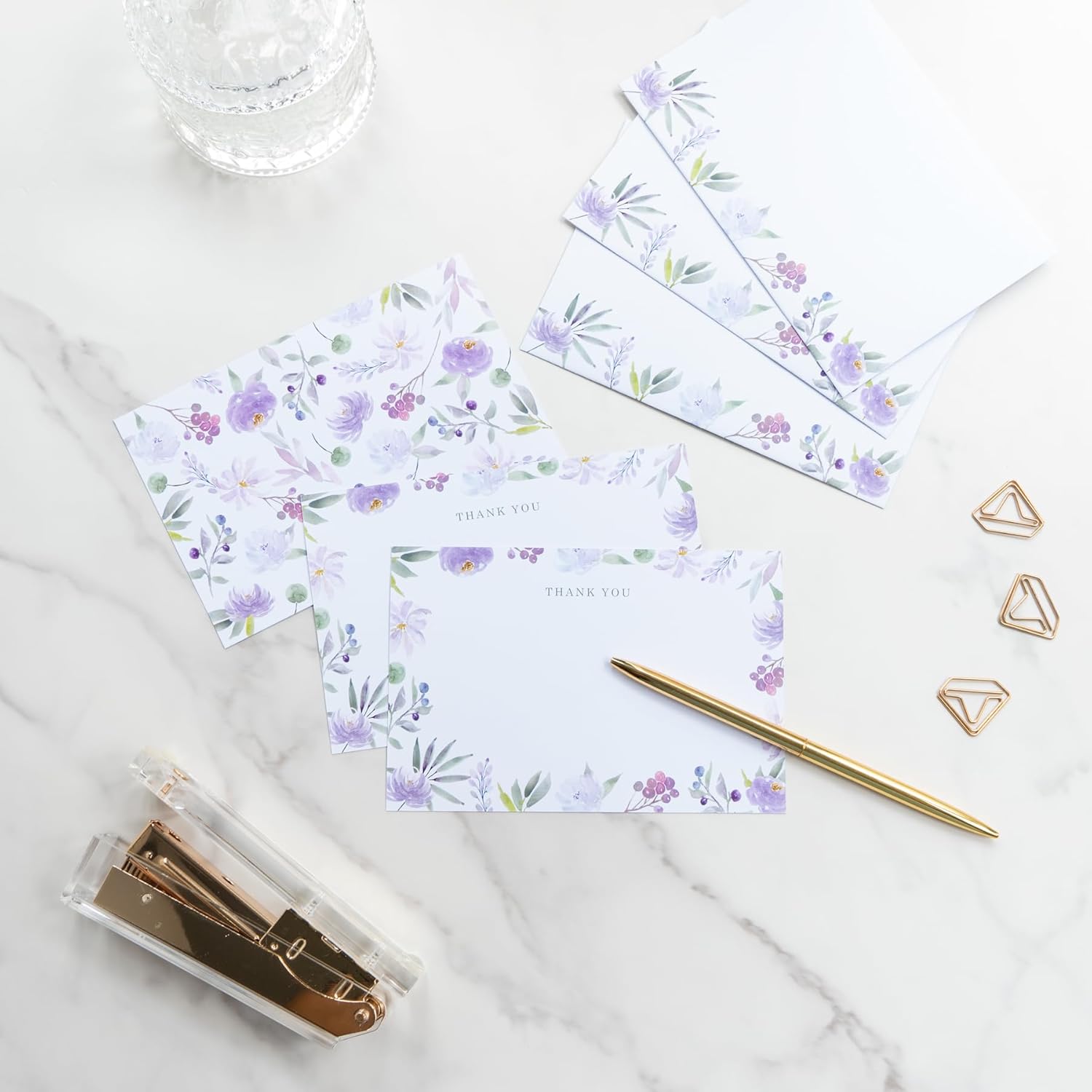 Tarjetas de agradecimiento florales moradas de 4 x 6 pulgadas con sobres, paquete de 20 tarjetas de notas florales en blanco con sobres, tarjetas de