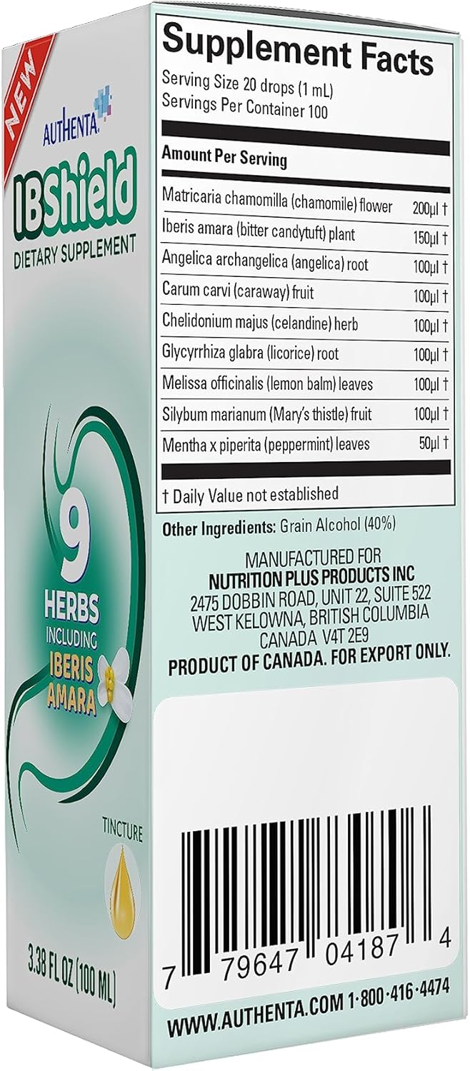 IBShield Tintura 3.4 fl oz  Apoya la función gastrointestinal saludable  Mezcla de 9 hierbas  Manzanilla, Iberis Amara, Angélica, alcaravea,
