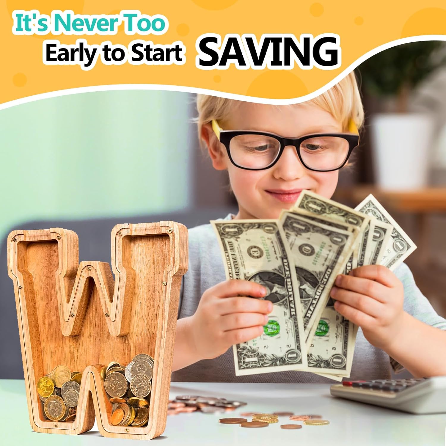 SummiDate Alcancía con letras de madera, alcancía para niños y niñas, banco de dinero del alfabeto W, regalo de cumpleaños para niños, regalo del