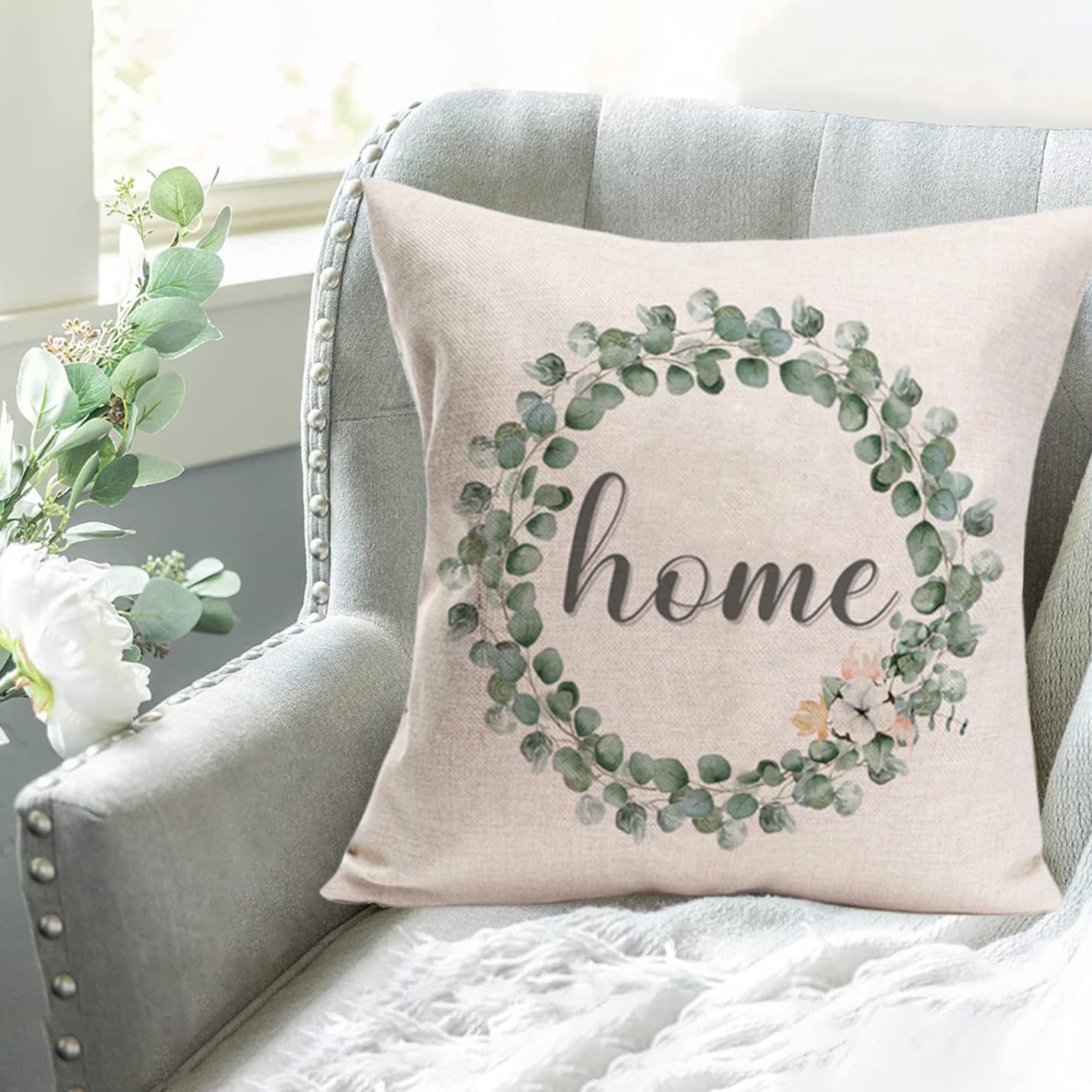 Home Throw – Juego de 4 fundas de almohada de 24 x 24 pulgadas  24.0 x 24.0 in., decorativas para exteriores, diseño de hojas de eucalipto, verde,