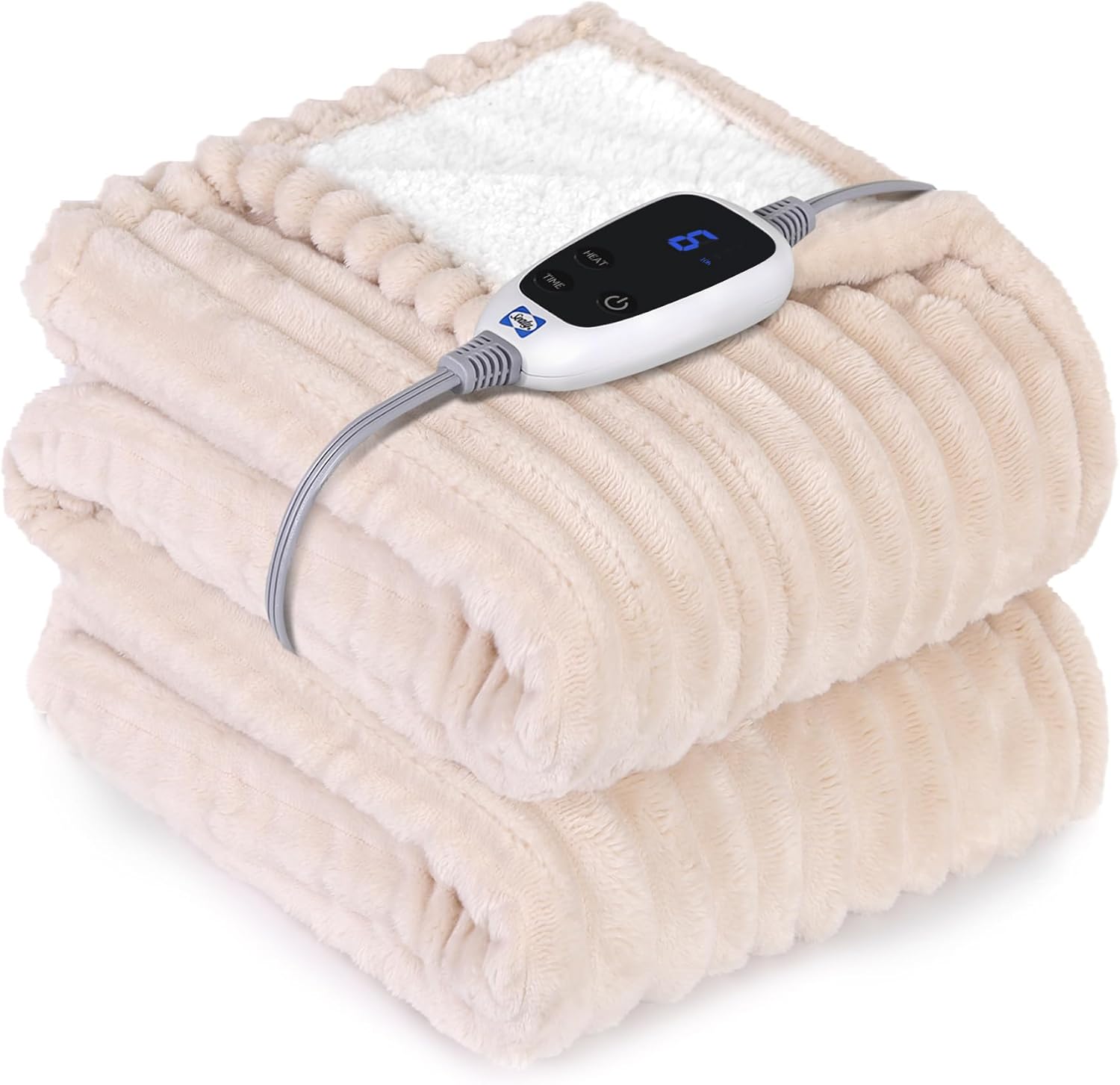 SEALY Manta eléctrica con calefacción, franela acanalada suave y acogedora a sherpa, reversible, calefacción segura con 6 ajustes de calor y 2-10