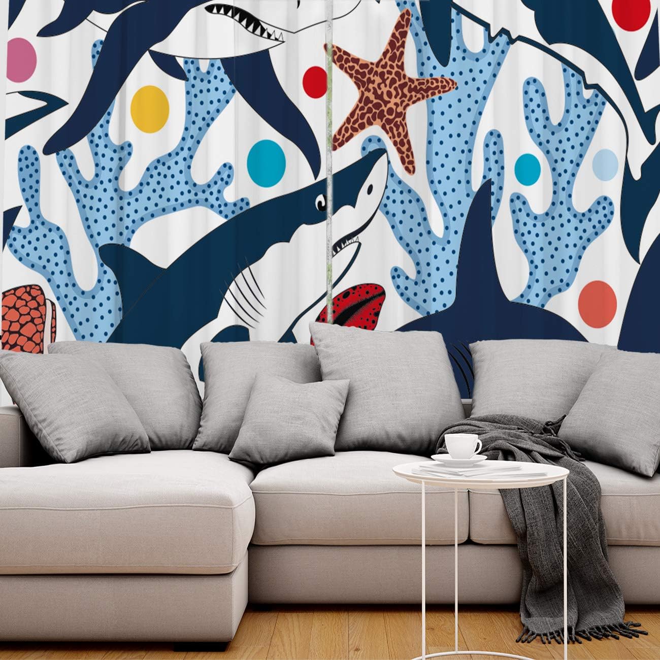 FortuneHouse Blackout Curtains Thermal Insulated Cartoon Sea Animal Blue Shark Solid Pattern Metal Grommet Elegant Room Drapes Window Curtain for
