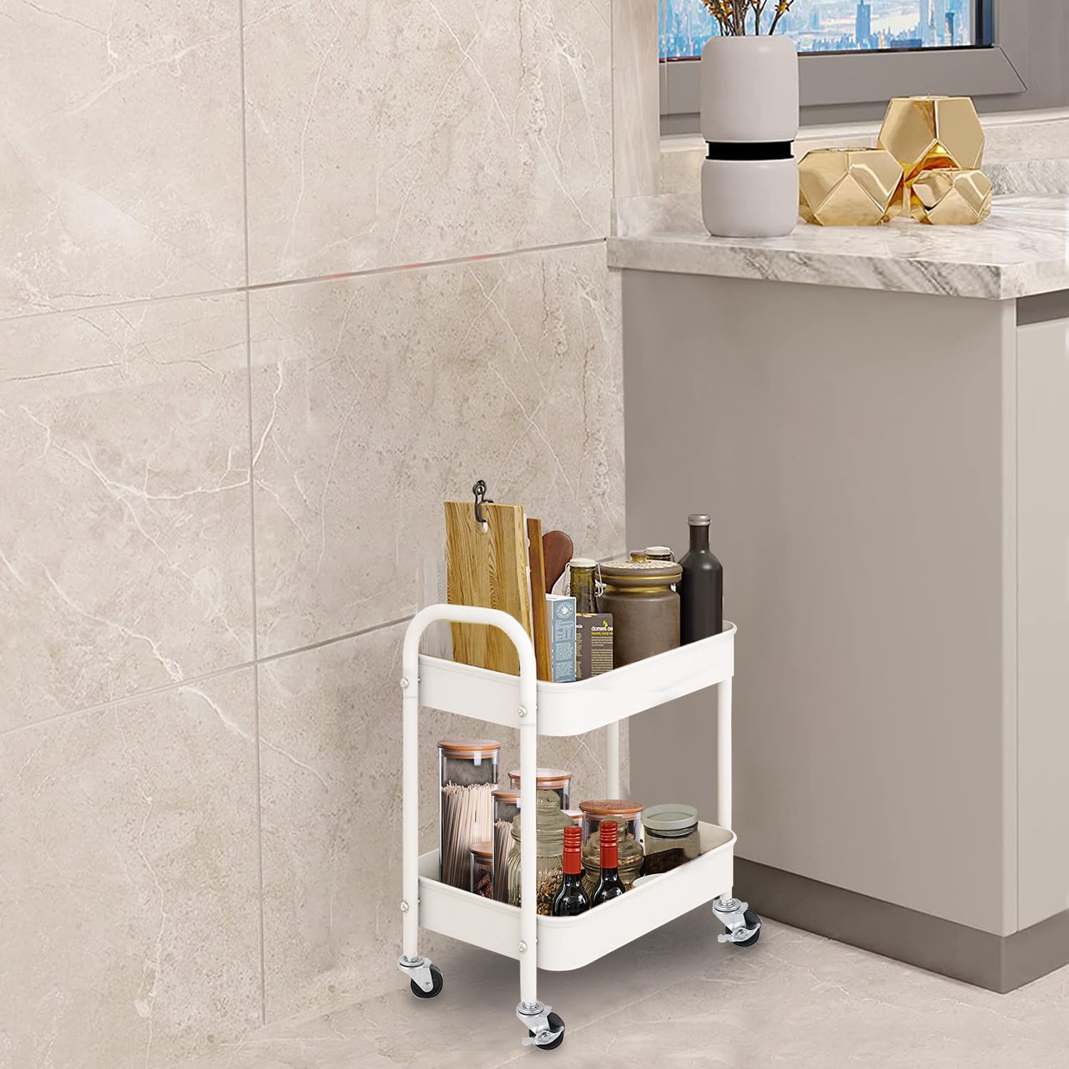 Melody House Carrito de almacenamiento de 2 niveles totalmente metálico, carrito de almacenamiento con asa y ruedas de bloqueo, carrito de cocina,