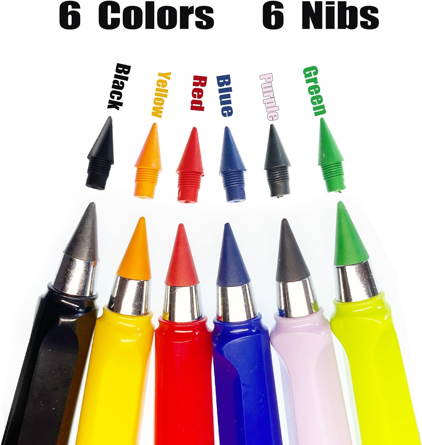 Lápiz Forever de 6 colores con borrado, lápiz infinito de larga duración que nunca necesita afilado, colorido lápiz infinito con 6 piezas de plomo