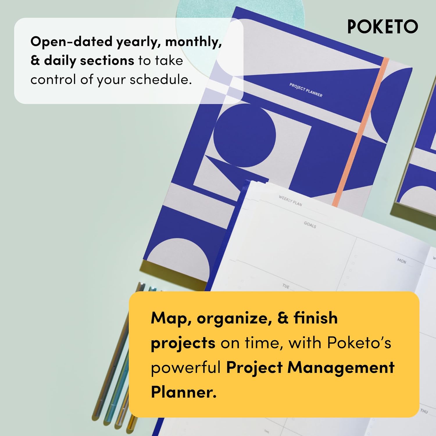 POKETO Planificador de proyectos de tapa dura, 11.9 x 8.4 pulgadas, sin fecha, cuaderno semanal, mensual y anual, planificador diario, toma de