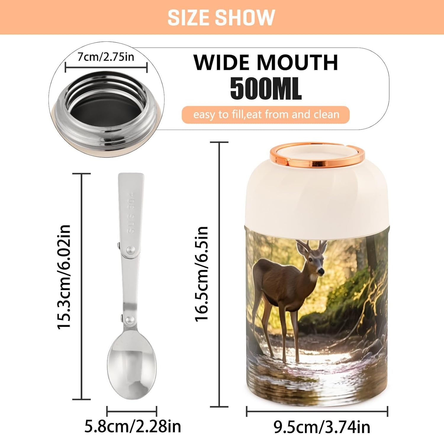 Forest Jungle Green Deer – Tarro de comida aislado para niños y mujeres, con cuchara, de acero inoxidable, termo de 17 onzas líquidas, contenedor de