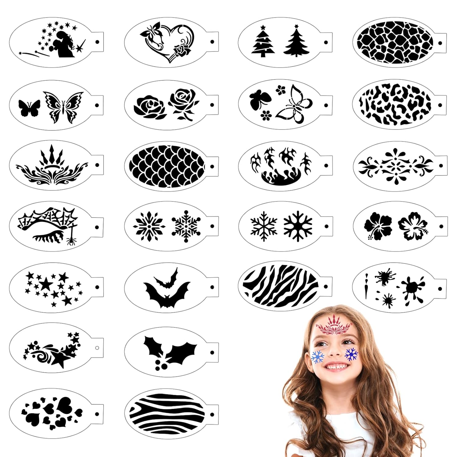 24 plantillas de pintura facial reutilizables, plantillas de pintura corporal de plástico, pintura de tatuaje, maquillaje, rastreo temporal,