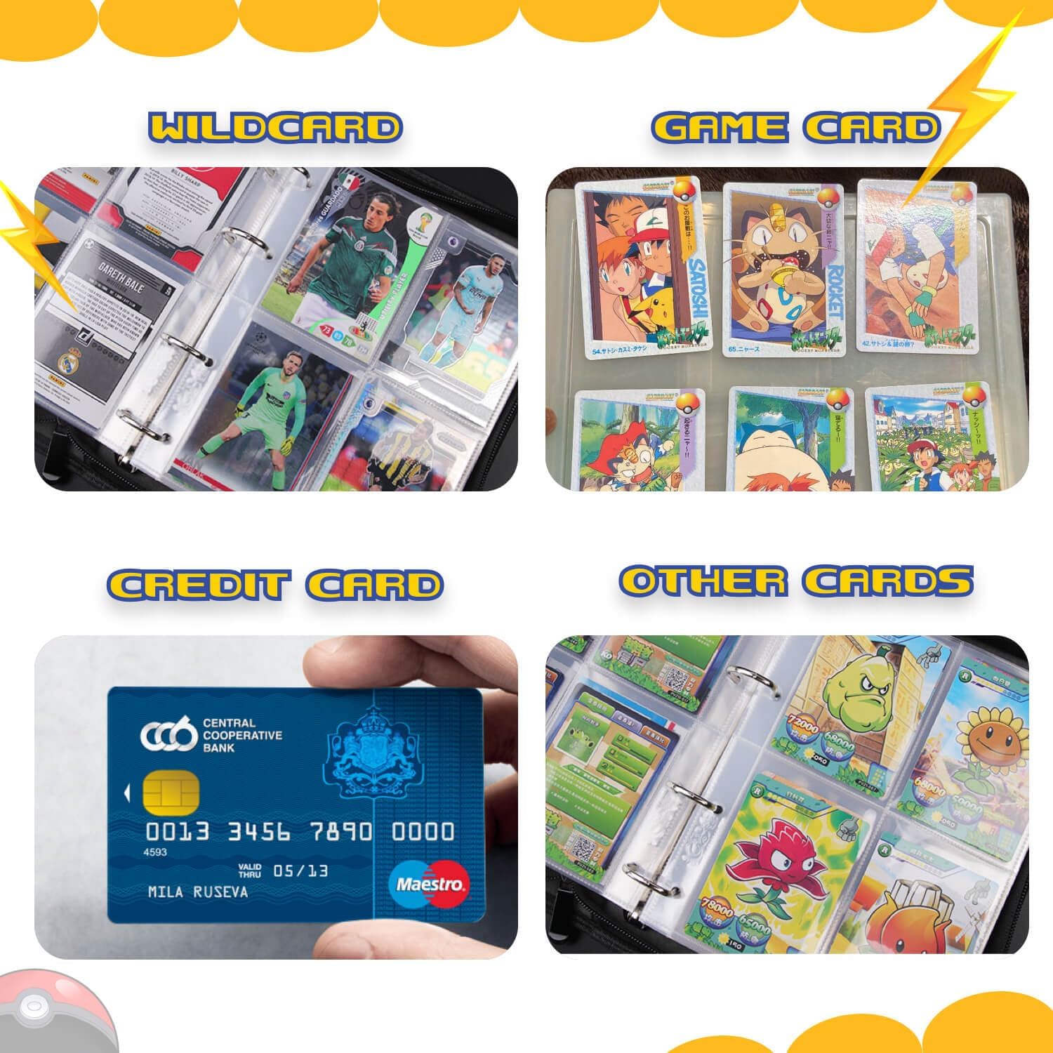 Carpeta de tarjetas, tarjetero para tarjetas intercambiables, 4 bolsillos, portátil, 400 bolsillos, con 50 fundas extraíbles, juegos de cartas