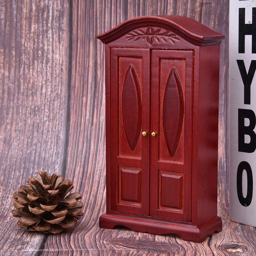 112 Escala Mini Vintage de Madera Doble Puerta Armario Armario Muñecas Casa Accesorio Casa de Muñecas Muebles Vino Rojo Muñeca Accesorios