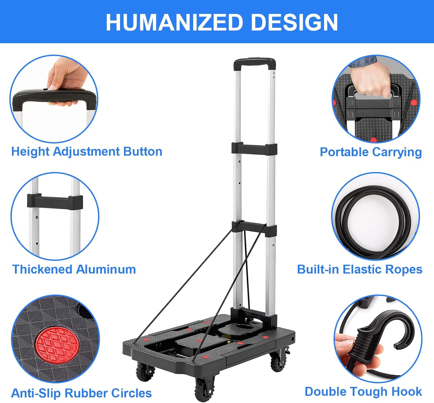 Camión de mano plegable, 330 libras, carrito de mano plegable, carrito de mano resistente, carrito de equipaje de plataforma portátil con 5 ruedas y