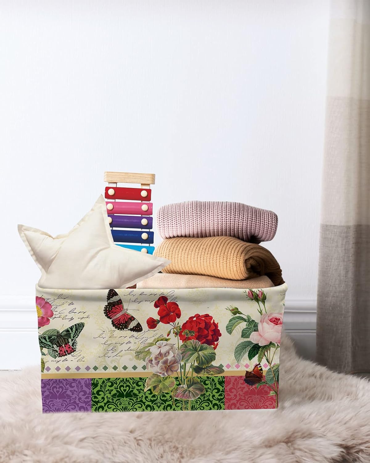 Retro Botanical Storage Basket for Organizing Shelves, Collapsible Storage Bins Boxes with Handle, Spring Floral Butterfly Modern Abstract Art