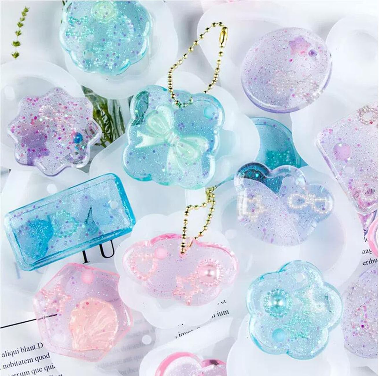 BEMINH Moldes de silicona para colgantes, 16 piezas, variedad de moldes geométricos con agujero para colgar, molde de resina UV para joyería, moldes