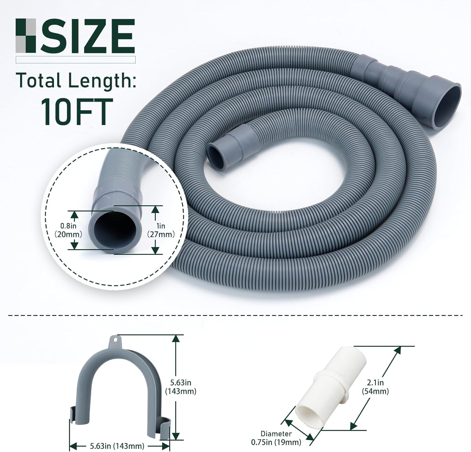 Kit de extensión flexible de manguera de drenaje para lavadora, manguera de drenaje universal corrugada para lavavajillas con 1 soporte de manguera