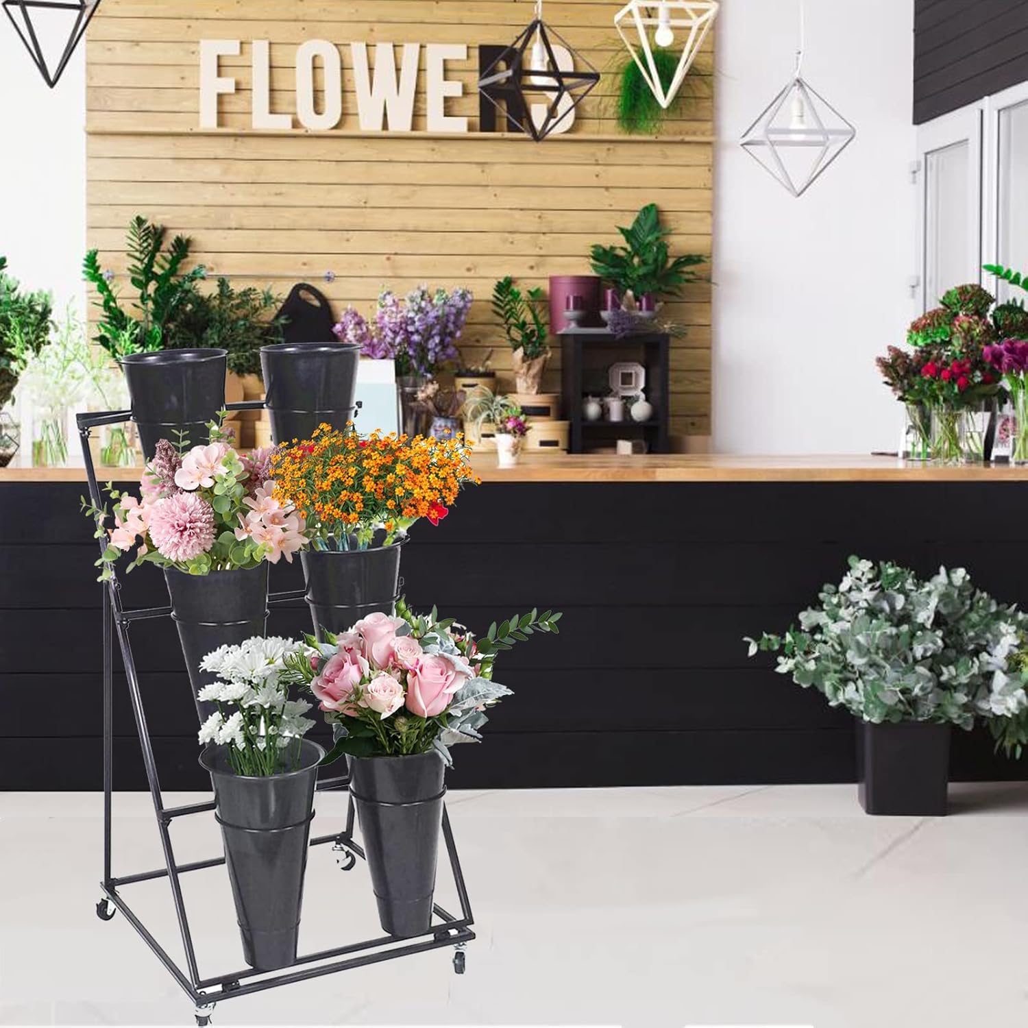 Soporte de exhibición de flores, estante móvil para carrito de plantas con ruedas, con cubos de plástico, fácil de instalar, soporte escalonado para