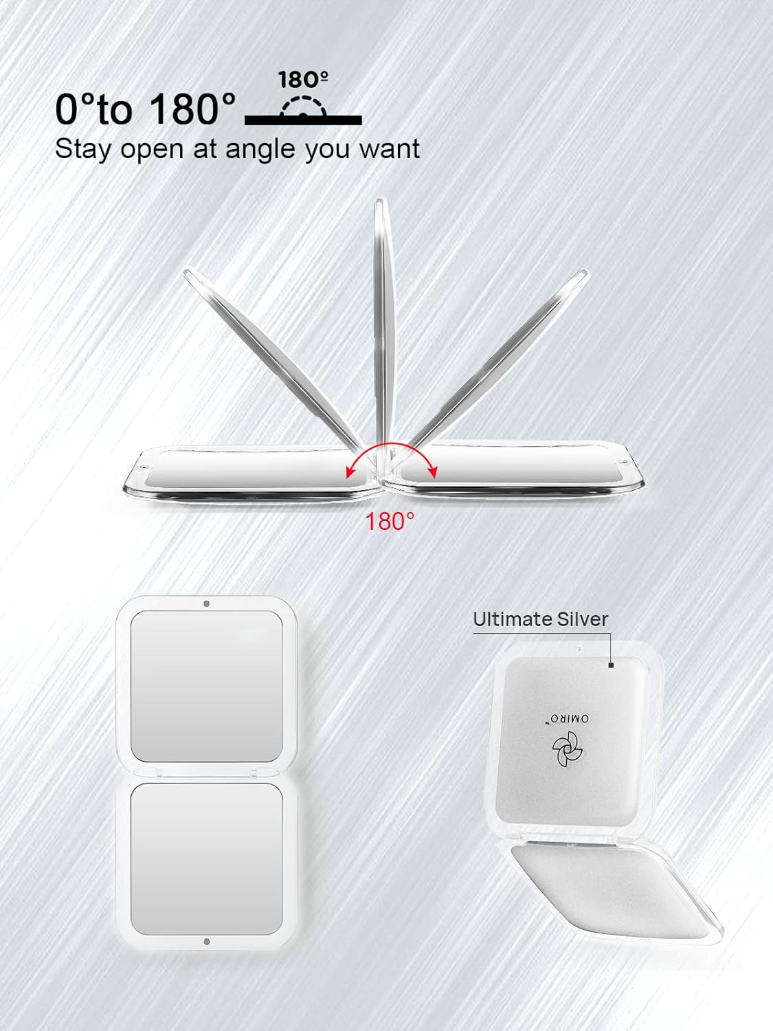 OMIRO Espejo compacto plegable, aumento 1X15X, 3 pulgadas, tamaño de bolsillo, espejo de mano cuadrado para maquillaje de viaje (plateado)