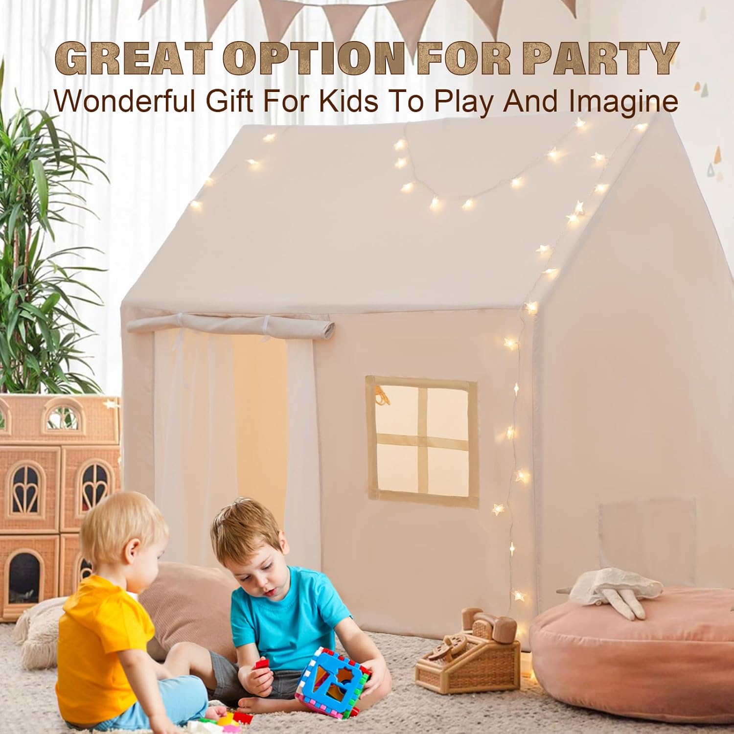 TreeBud Tienda de campaña con alfombrilla acolchada, banderines, luces de hadas, casa de juegos para niños con gran espacio para interiores y