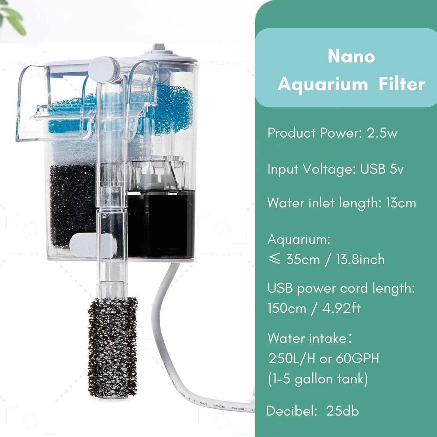 Kit de iniciación para pecera, tanque de vidrio para acuario de 1.2 galones, LWH  6.3 x 6.3 x 8.6 pulgadas, filtro Slient de 60 GPH y lámpara LED de