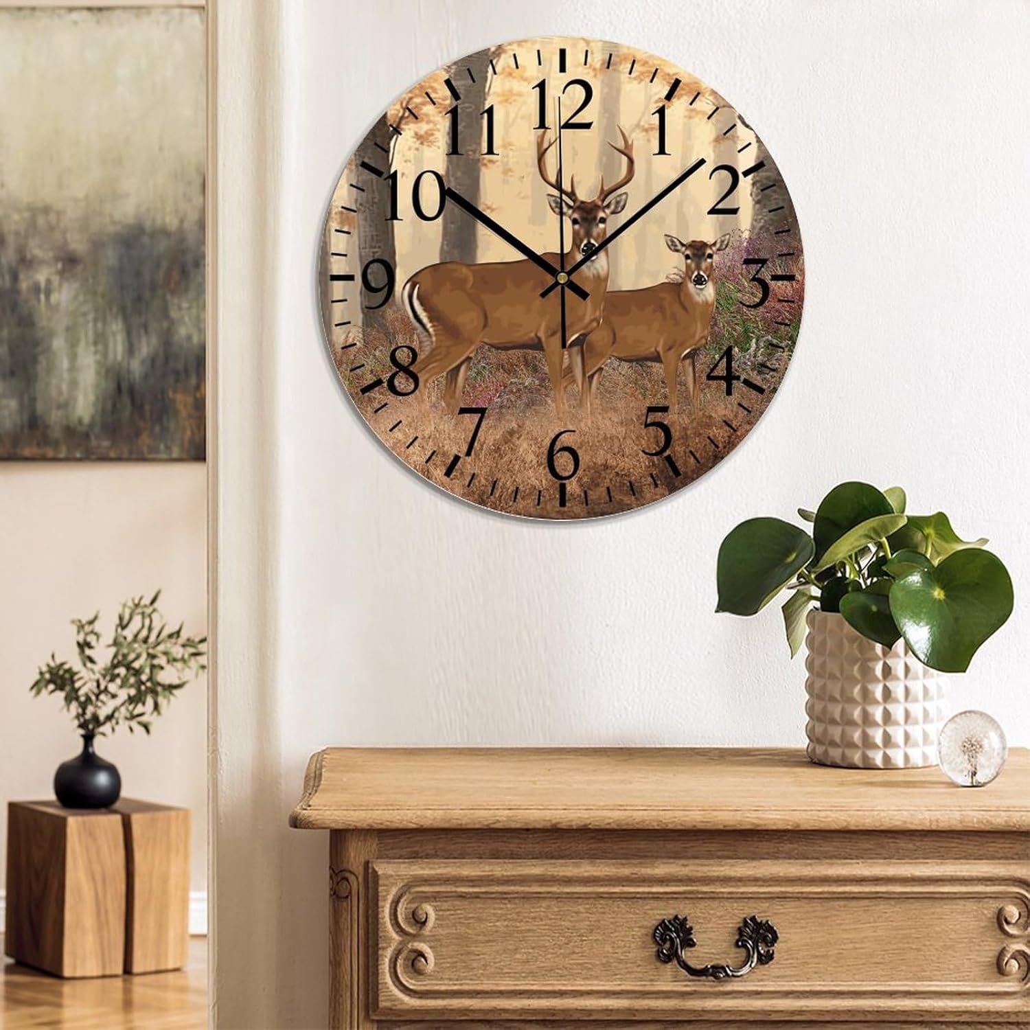Reloj de pared para baño, reloj de pared redondo de PVC con ciervo, sin tictac, 10 x 10 pulgadas, decoración de cocina, regalo decorativo, funciona