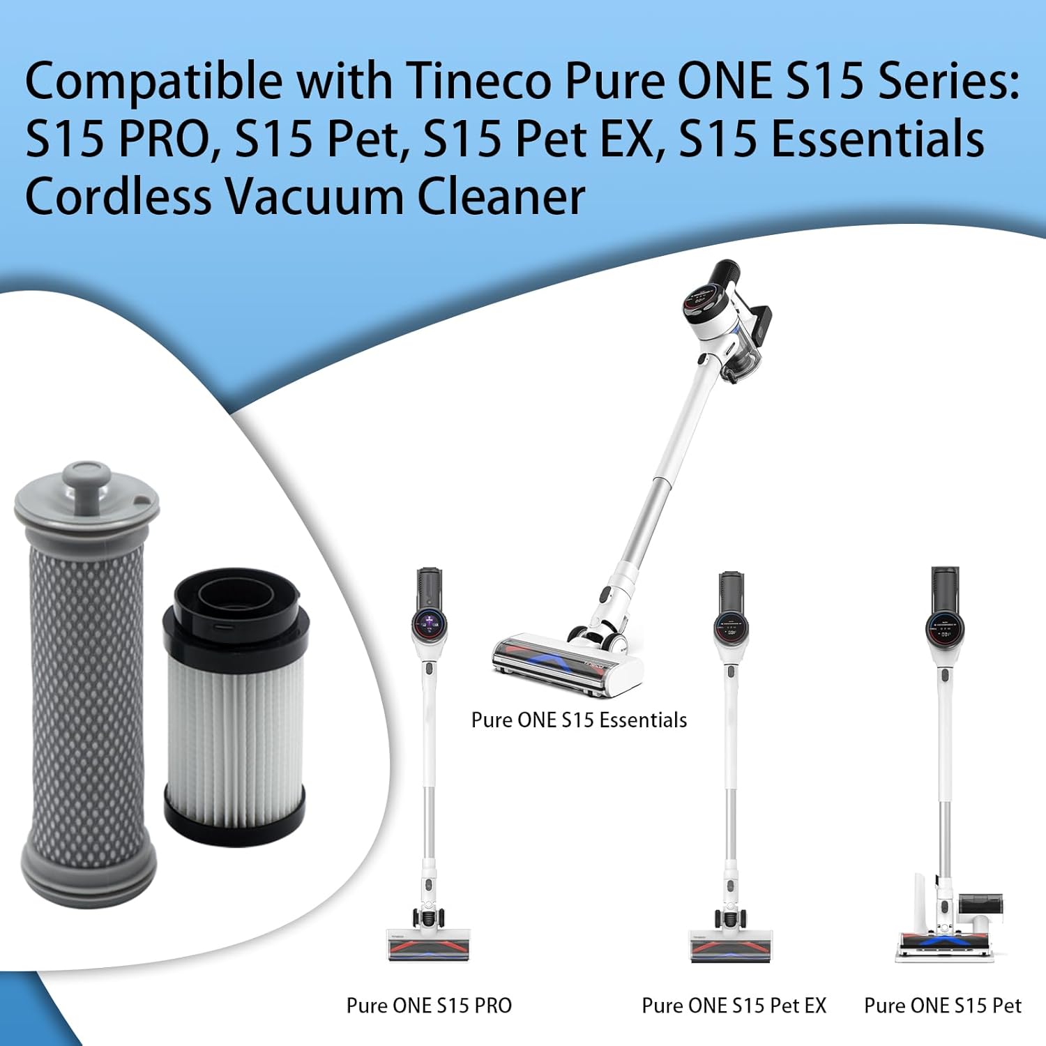 2 paquetes de prefiltro y 2 paquetes de kit de filtro de poste compatible con Tineco Pure ONE S15 Series S15 PRO, S15 Pet, S15 Pet EX, S15