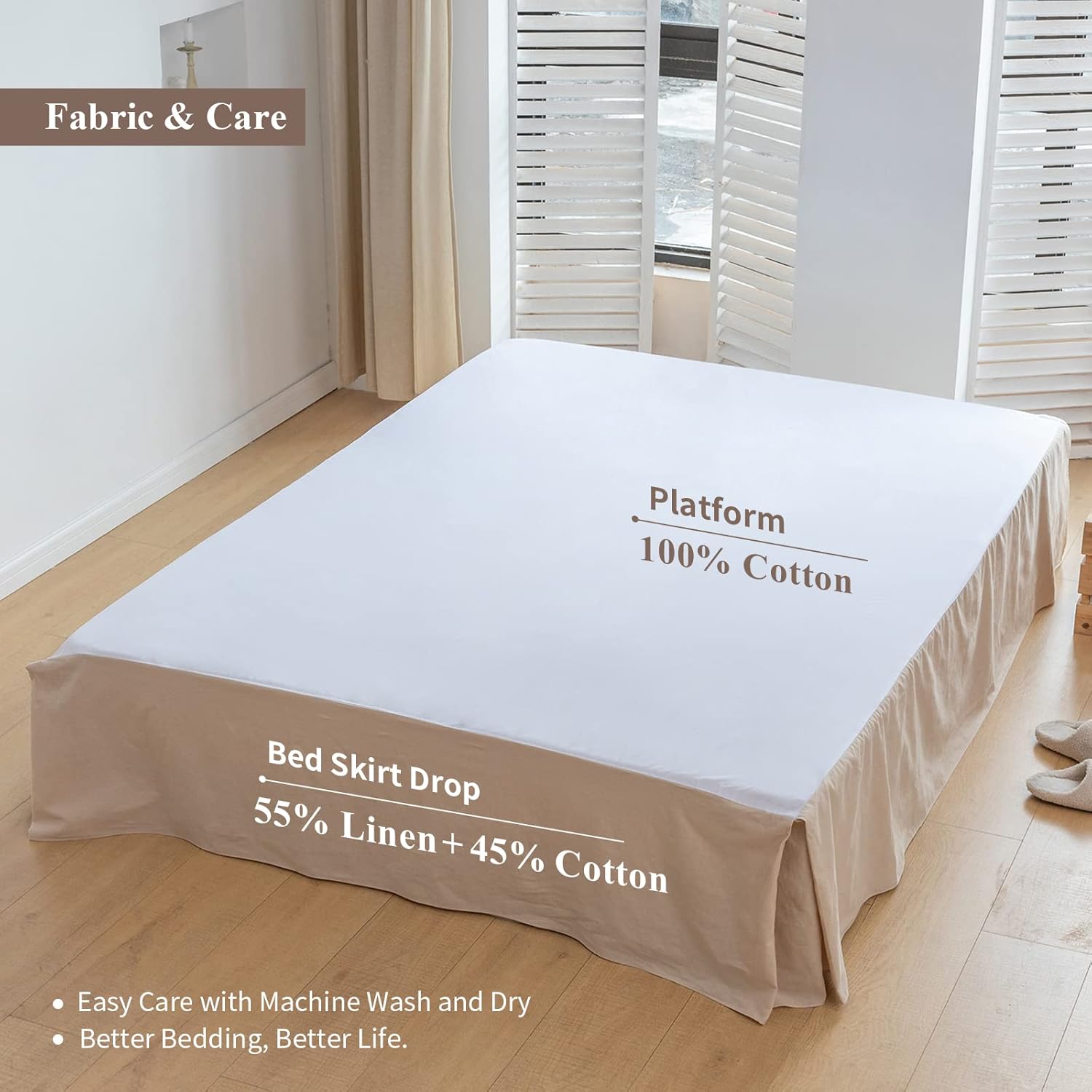BISELINA Falda de cama de lino francés con esquinas plisadas de 14 pulgadas, mezcla de algodón de lino natural, con volantes básicos de polvo,