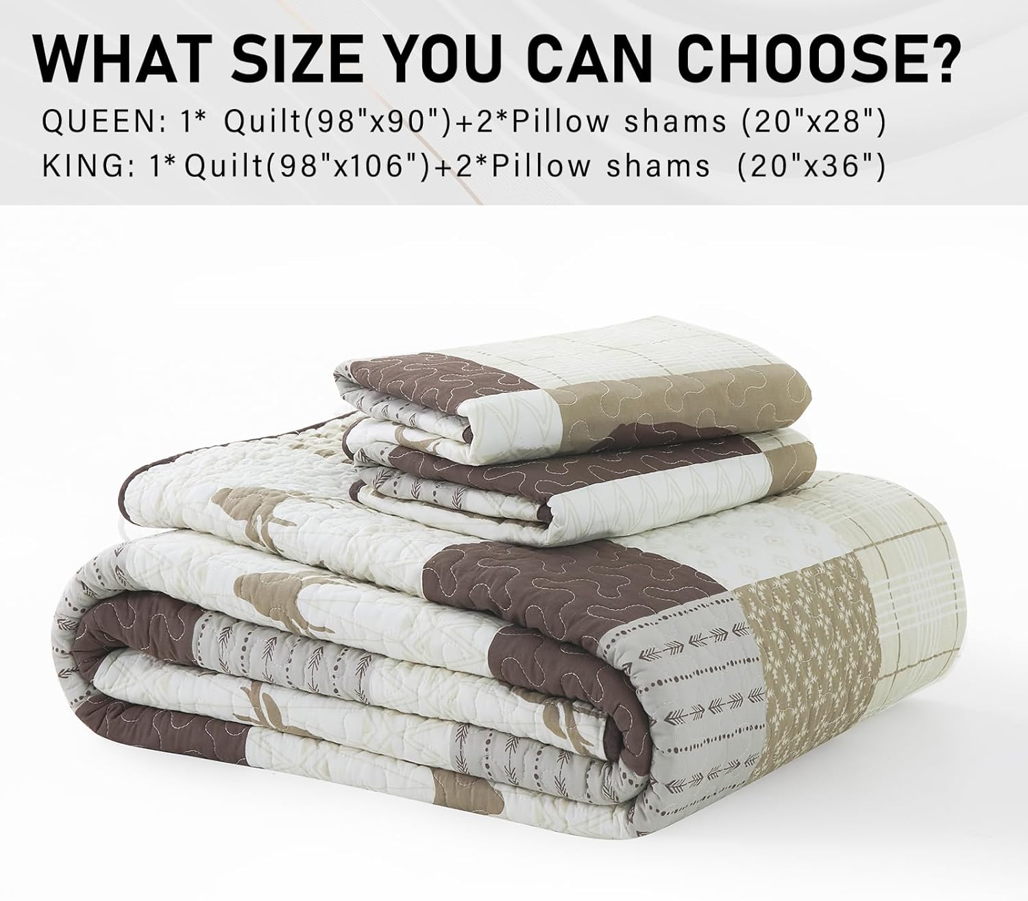 PERHOM Juego de edredón tamaño King  Juego de ropa de cama reversible de 100% algodón, diseño de mosaico marrón, bosque, oso, ciervo, retazos, con 2