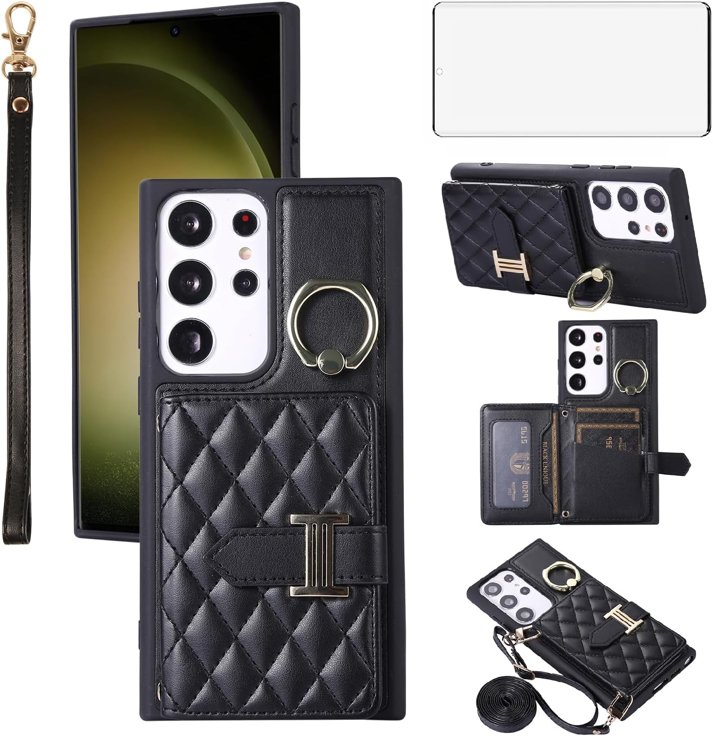 Asuwish Funda de teléfono para Samsung Galaxy S21 Ultra 5G Funda tipo cartera con protector de pantalla y soporte para anillo para tarjeta de
