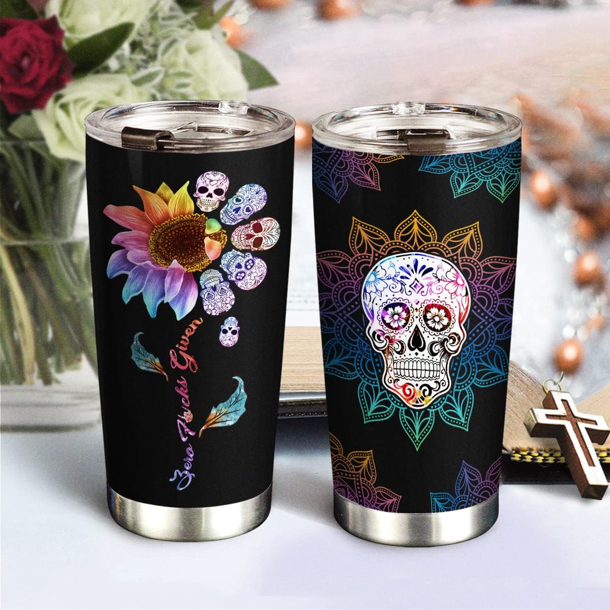 64HYDRO – Vaso térmico con tapa de 20 oz con diseño de calavera con mandala, doble pared con vacío, jarro de café de viaje, termo deportivo