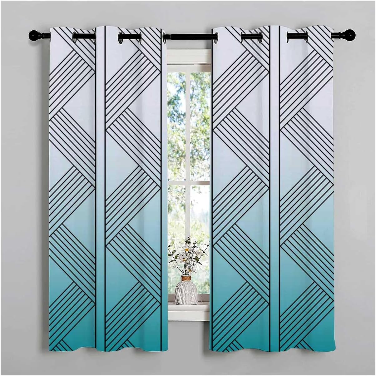 YANFENQI Cortinas para Habitacion Blackout White Cyan Gradient Abstract Geometric Lines Divider Curtain for Room Separation Blackout Fabric 63Inch