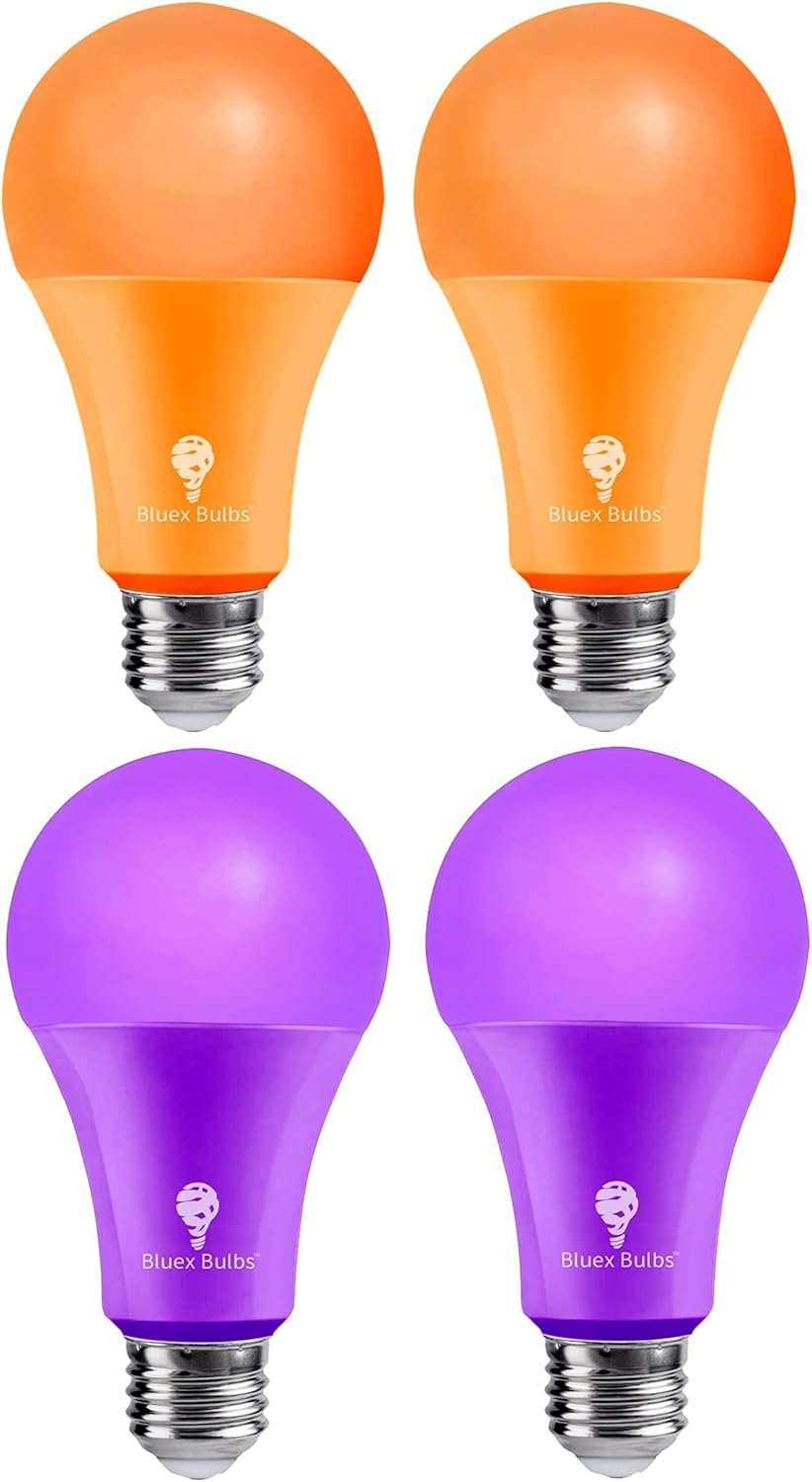 BlueX – Paquete de 4 bombillas LED A21 moradas y naranjas, 15 W (equivalente a 120 vatios), base E26, decoración de fiesta, porche, iluminación del