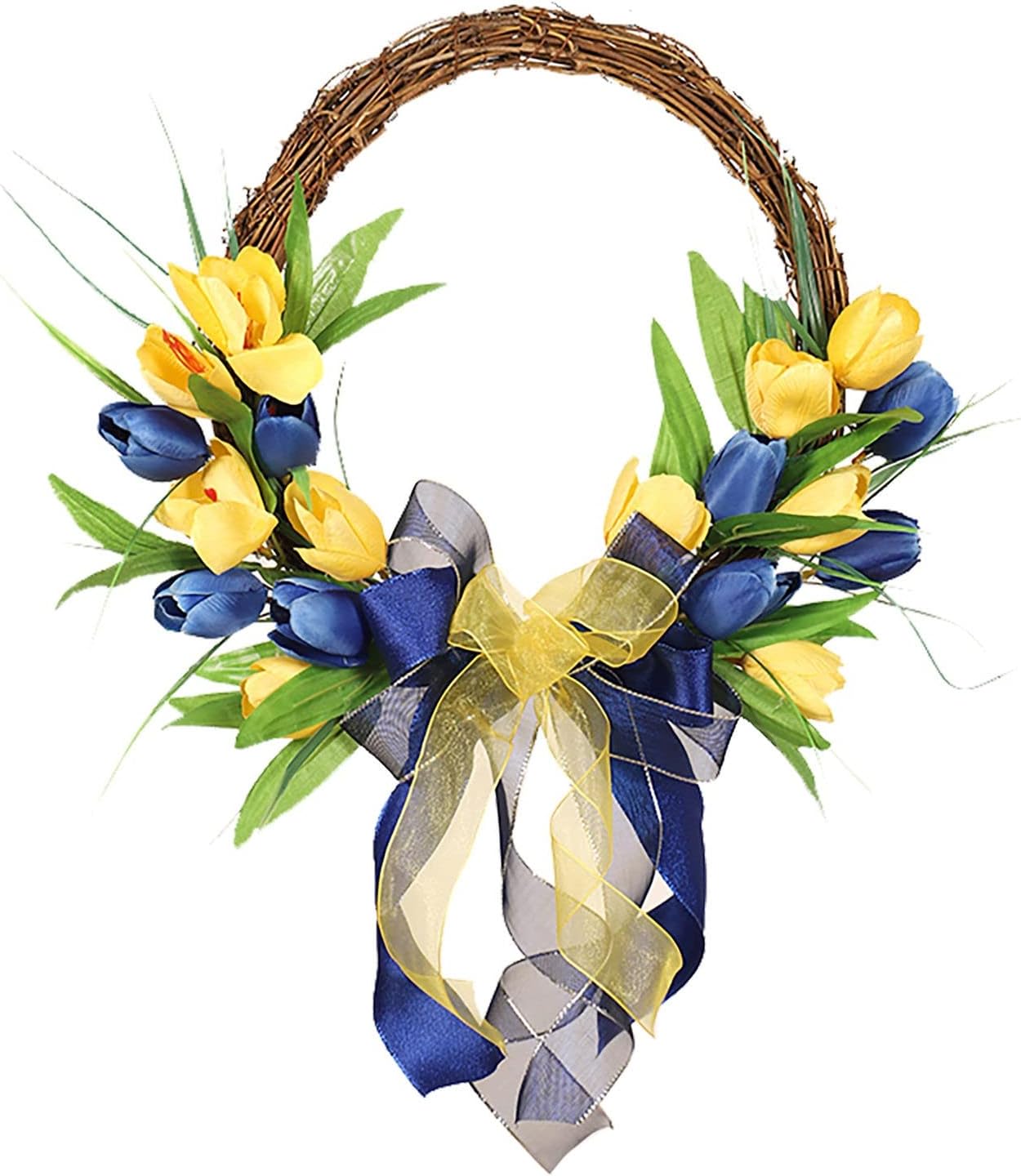 Corona de puerta delantera, corona amarilla y azul, corona de granja para puerta delantera, hogar, pared, boda, mesa, decoración de verano, coronas